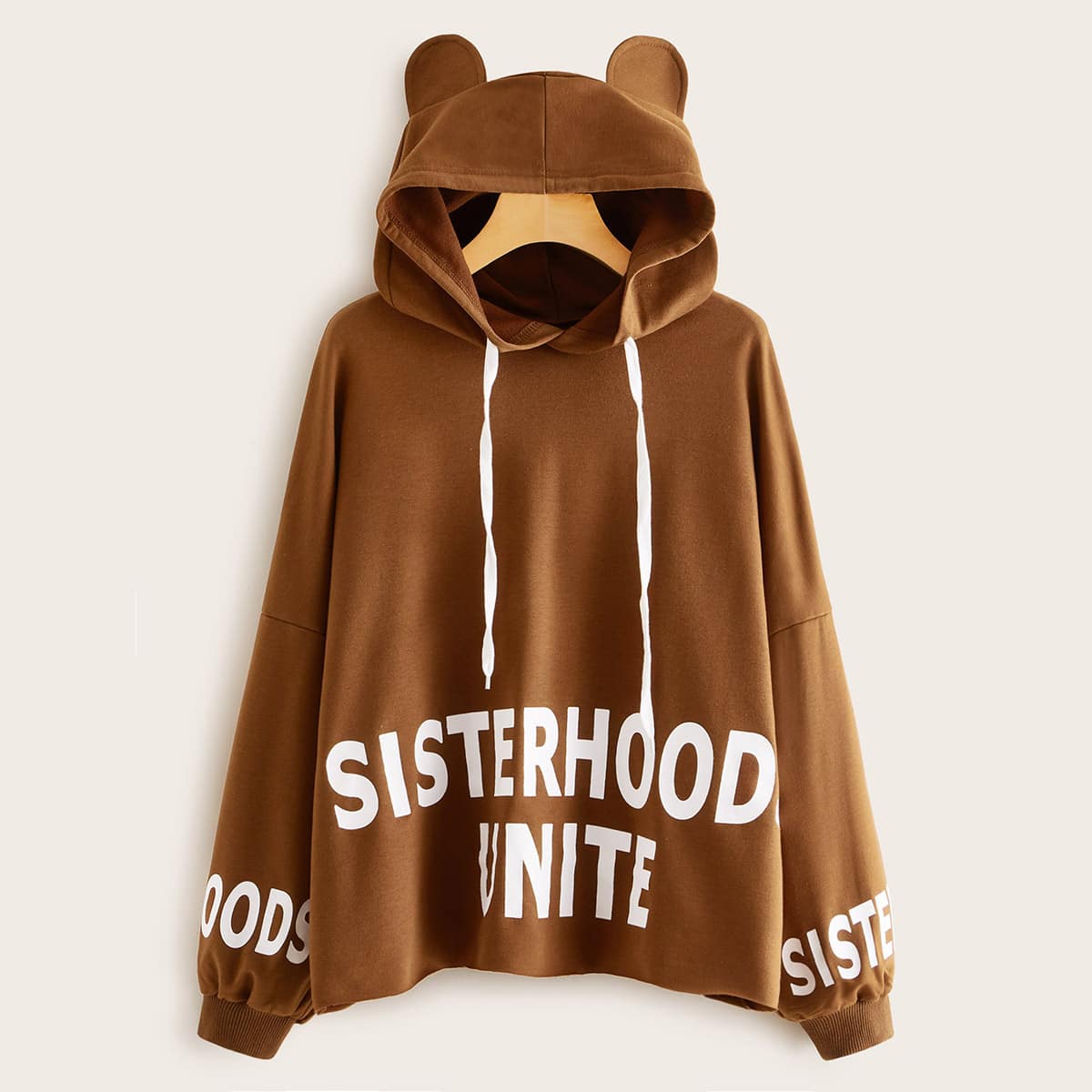 

Slogan Graphic Drop Shoulder Ear Hoodie, Brown