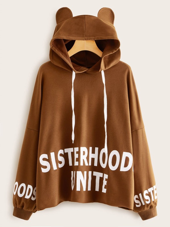

Slogan Graphic Drop Shoulder Ear Hoodie, Brown