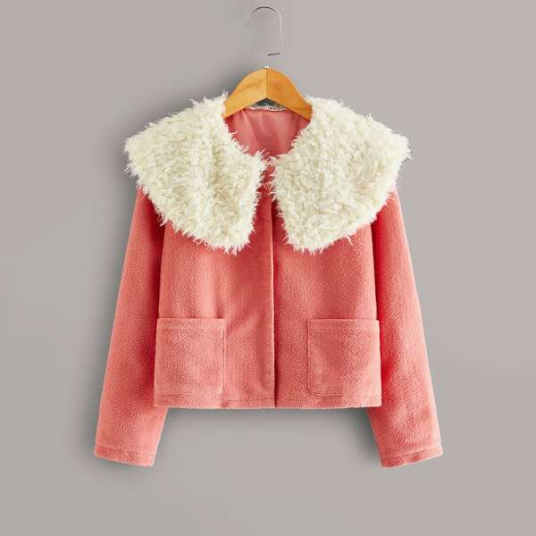 

Girls Teddy Collar Pocket Front Coat, Pink