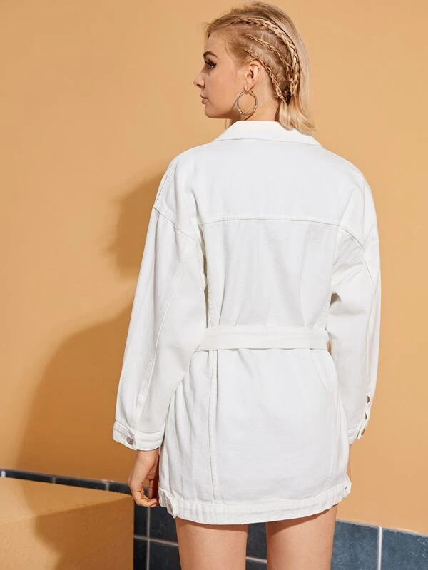 Veste en jean longue délavée avec ceinture | ROMWE Veste en jean longue délavée avec ceinture | Mode en ligne