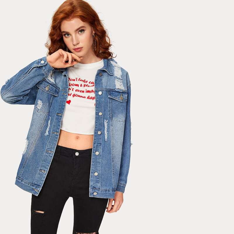 

Button Front Ripped Detail Longline Denim Jacket, Blue