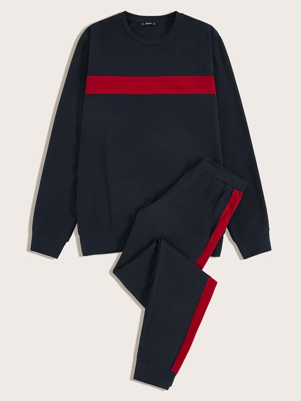 

Men Colorblock Pullover & Tape Side Pants PJ Set, Navy