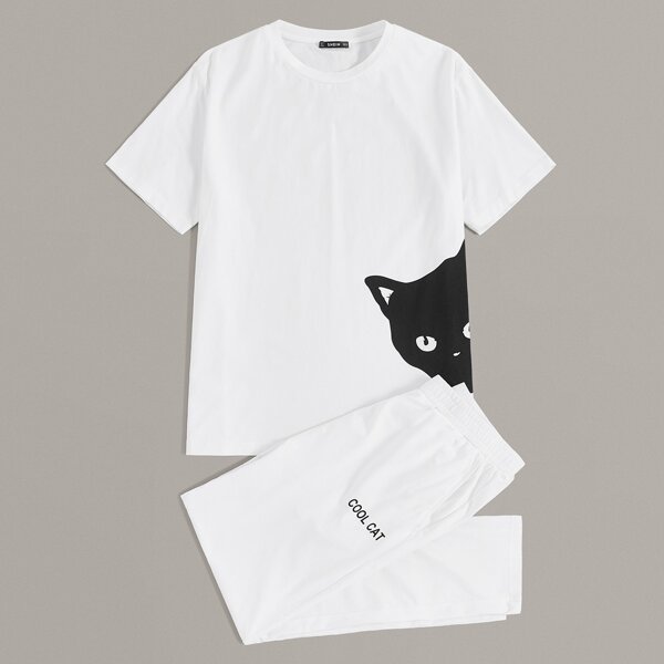 

Men Cartoon Graphic Top & Pants PJ Set, White