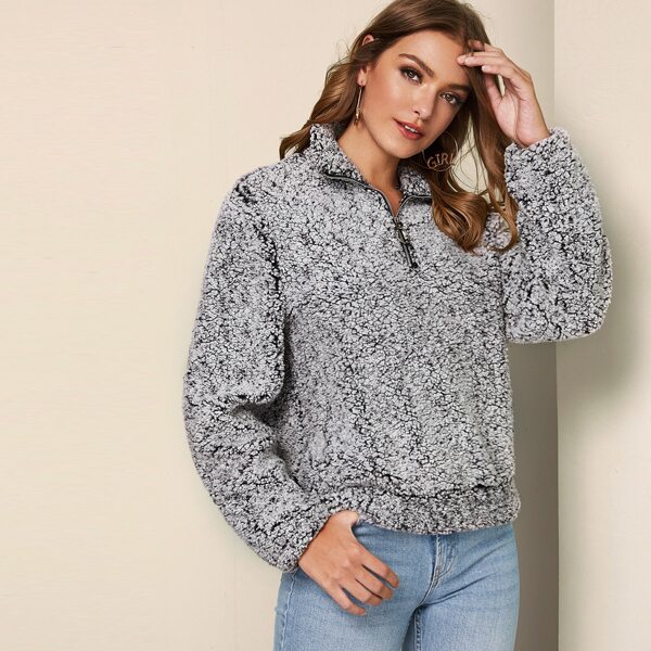 

Zip Half Placket Teddy Pullover, Grey