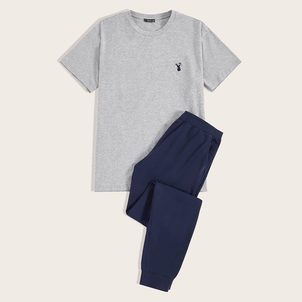 

Men Embroidered Deer Tee and Slant Pocket Pants PJ Set, Multicolor