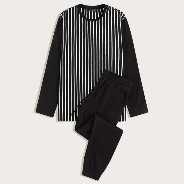 

Men Striped Top and Drawstring Waist Slant Pocket Pants PJ Set, Black