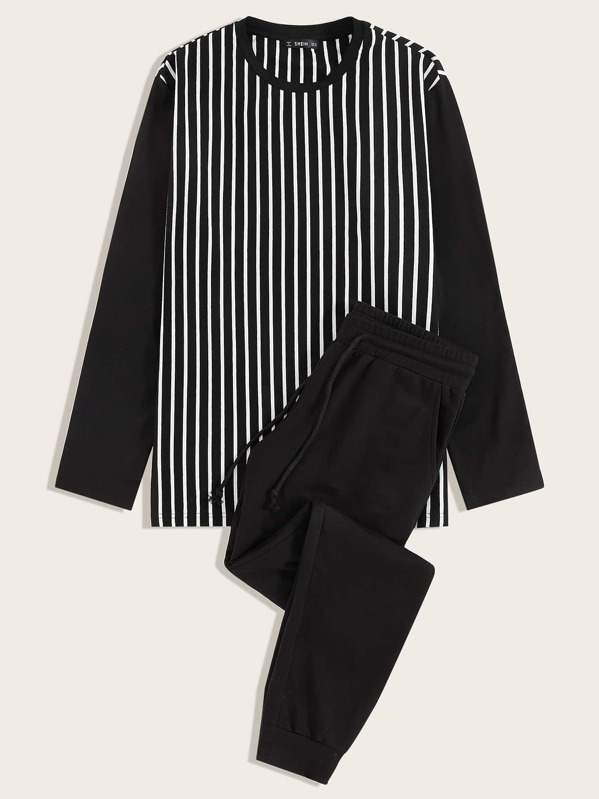 

Men Striped Top and Drawstring Waist Slant Pocket Pants PJ Set, Black