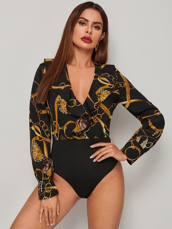 

Chain Print Ruffle Trim Bodysuit, Multicolor, Andy