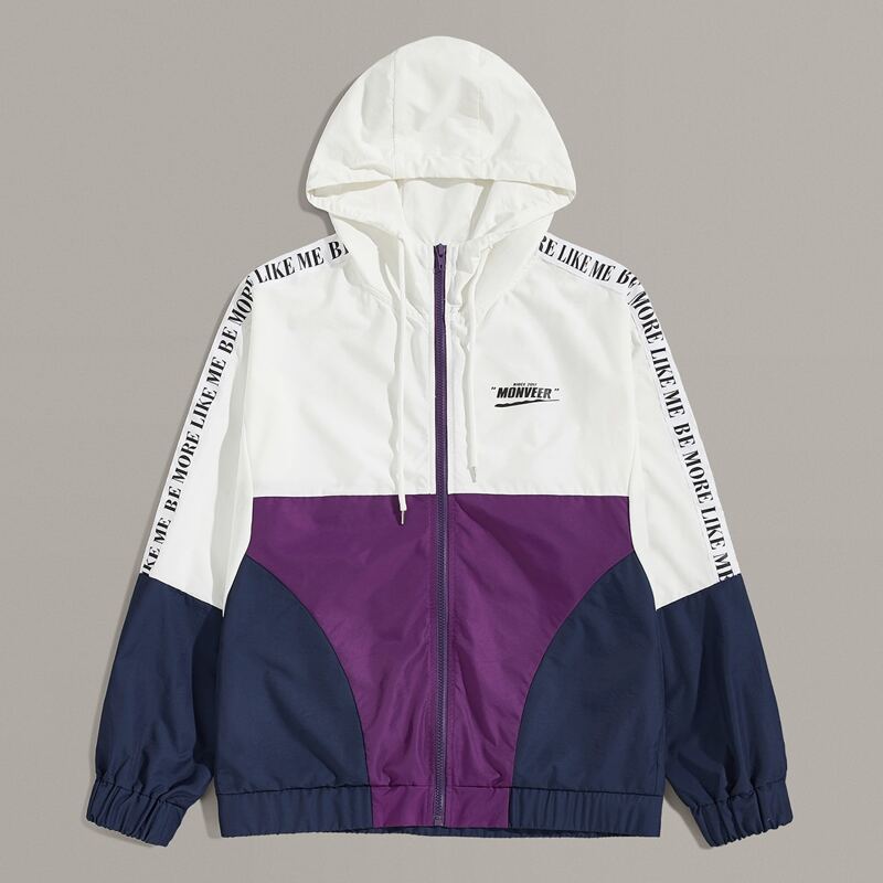 

Guys Colorblock Zip Up Slogan Graphic Wind Hoodie, Multicolor