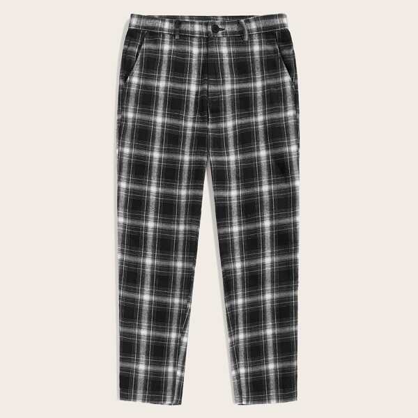 Men Slant Pocket Tartan Pants, Black and white