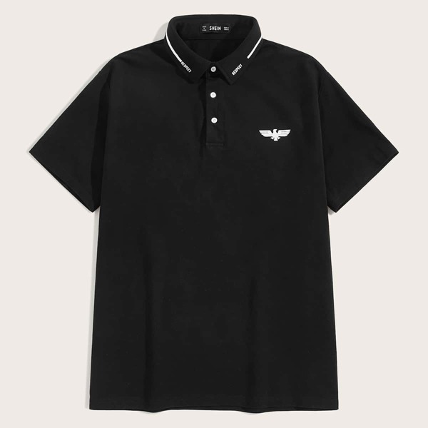 Men Eagle and Letter Graphic Polo Shirt, Black