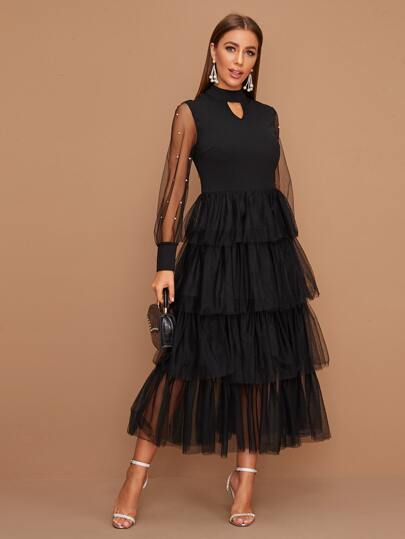 Modelyn Pearls Beaded Sheer Sleeve Layered Mesh Hem Peekaboo Dress
