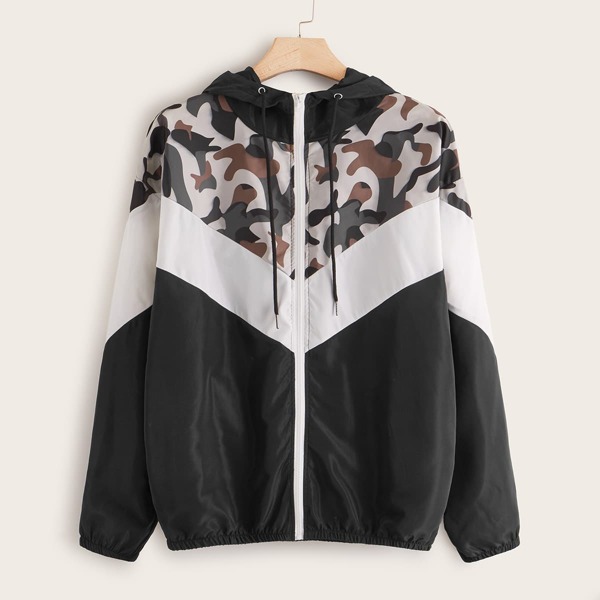 

Plus Colorblock Camo Print Windbreaker Jacket, Multicolor