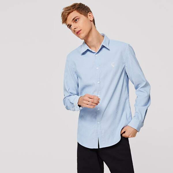 

Men Embroidery Detail Curved Hem Cord Shirt, Blue pastel