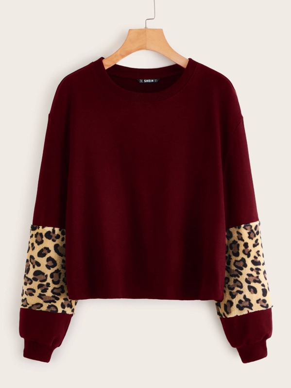 

Contrast Leopard Sleeve Pullover, Burgundy