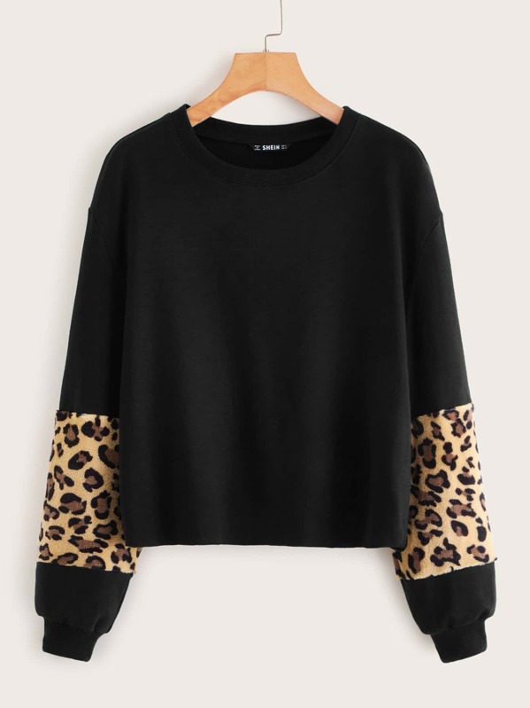 

Leopard Teddy Panel Sweatshirt, Black