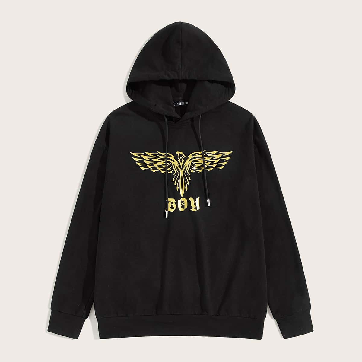 

Guys Drop Shoulder Animal Print Drawstring Hoodie, Black