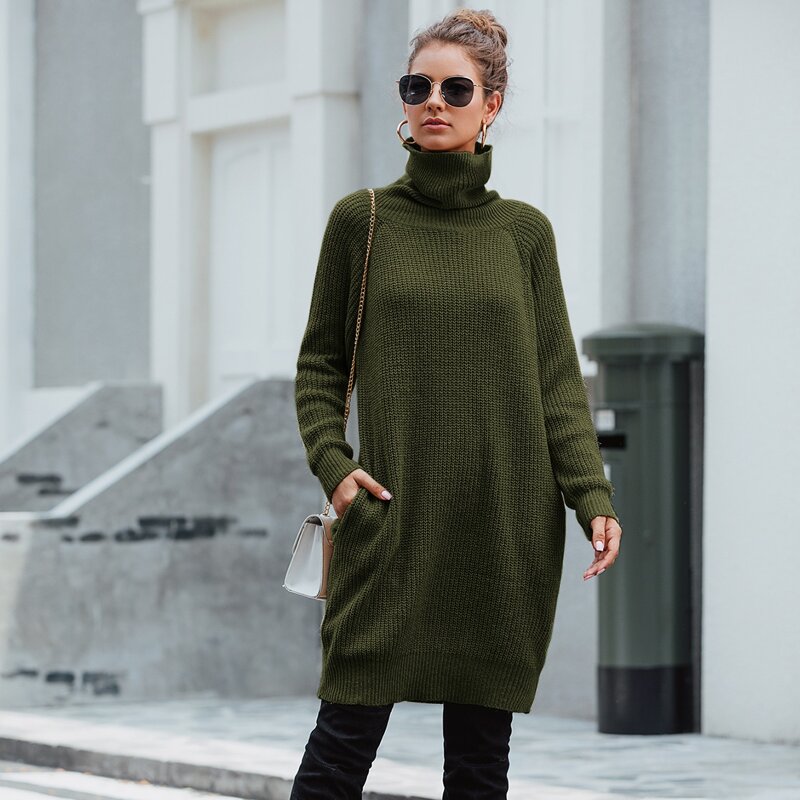 

High Neck Ribbed Knit Sweater Dress, Army green