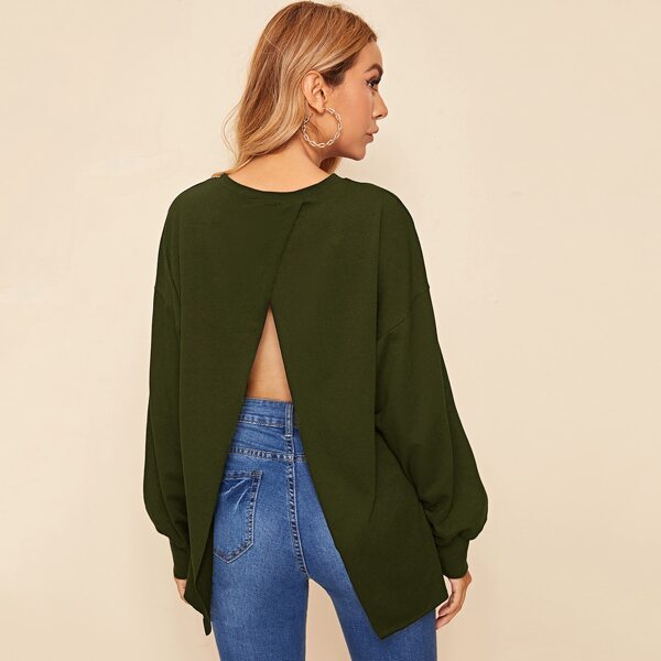 

Drop Shoulder Wrap Split Back Pullover, Army green