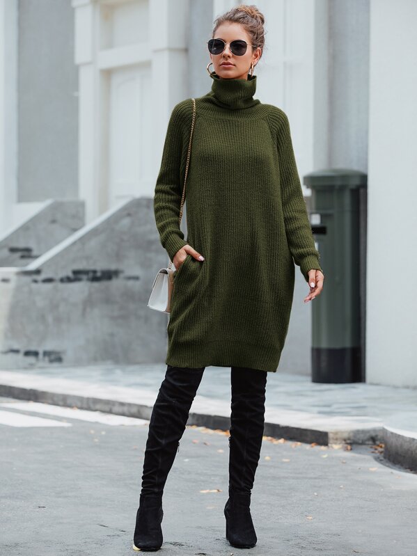 

High Neck Ribbed Knit Sweater Dress, Army green