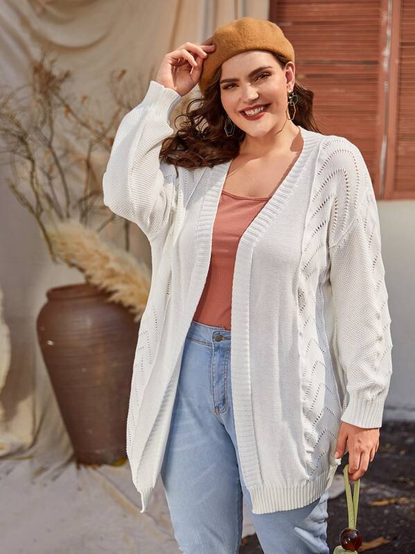 

Plus Pointelle Knit Drop Shoulder Cardigan, White, Ella
