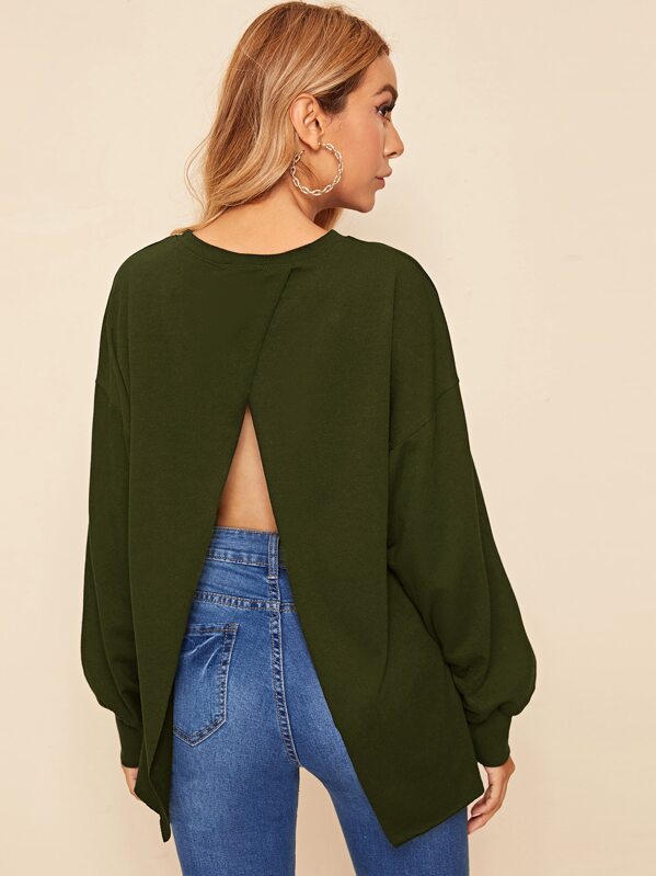 

Drop Shoulder Wrap Split Back Pullover, Army green, Melina