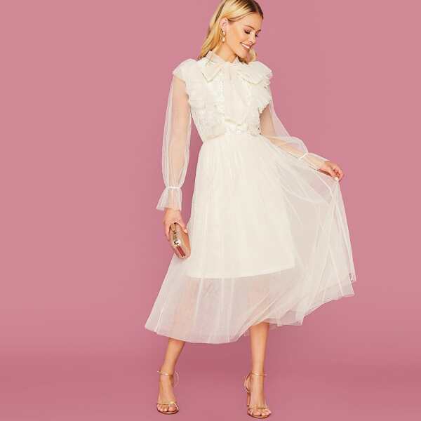 

Tie Neck Lace Bodice Ruffle Trim Mesh Overlay Dress, Beige pastel