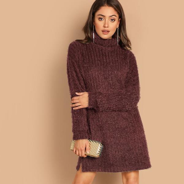 

Split Hem Fluffy Knit Sweater Dress, Burgundy