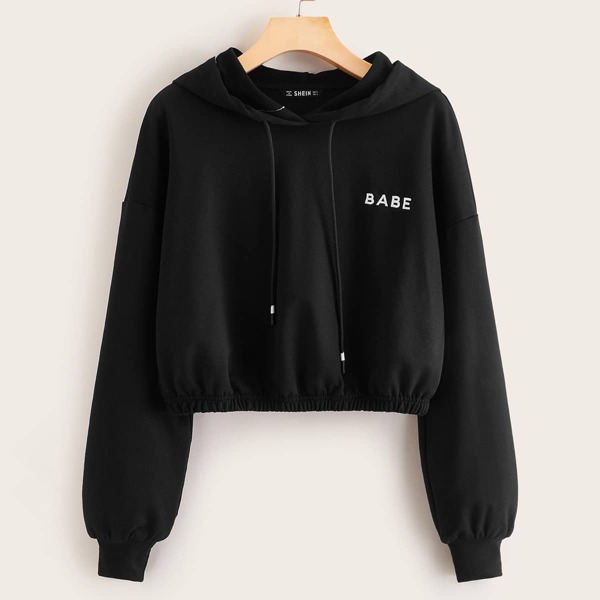 

Drop Shoulder Letter Embroidery Hoodie, Black