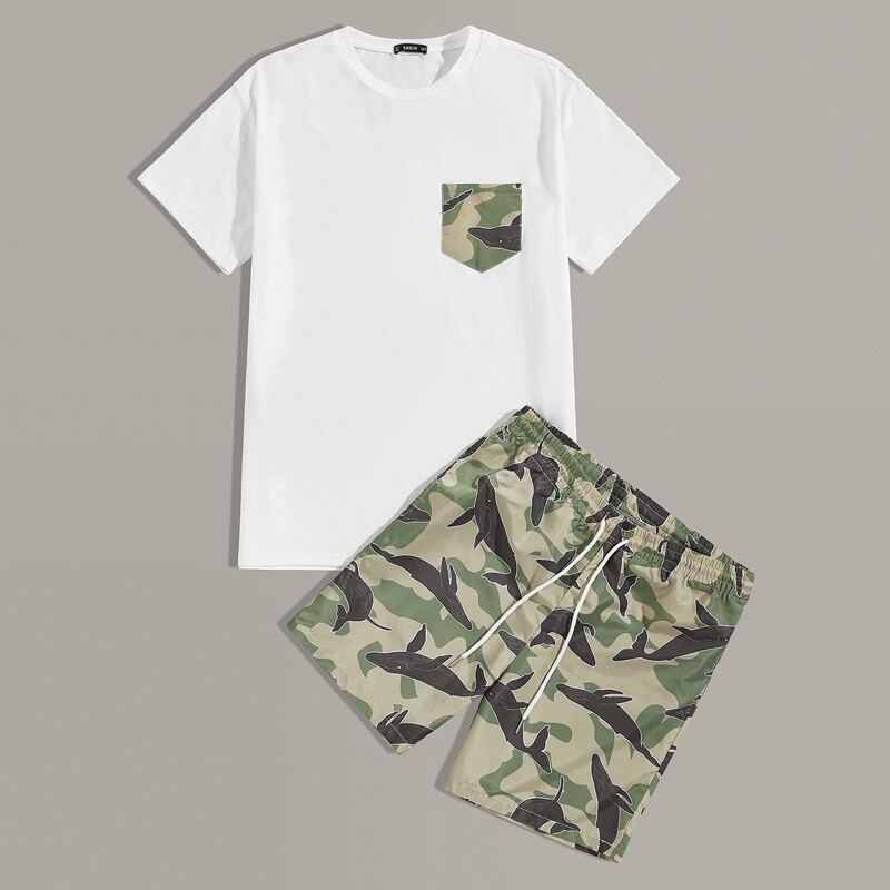 

Guys Whale & Camo Print Patch Pocket Top & Shorts Set, Multicolor