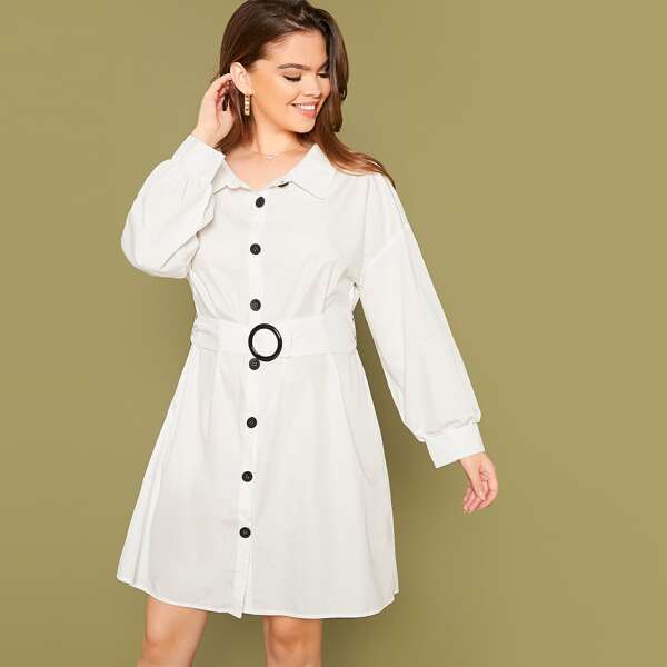 

Plus O-ring Belted Shirt Dress, White