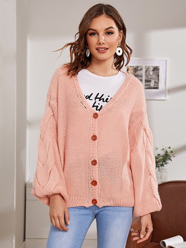 

Cable Knit Single Breasted Cardigan, Pink, Vlada