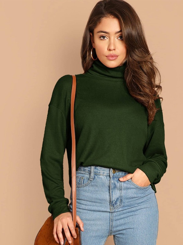 

Turtle Neck Waffle Knit Pullover, Green, Clara Wilsey