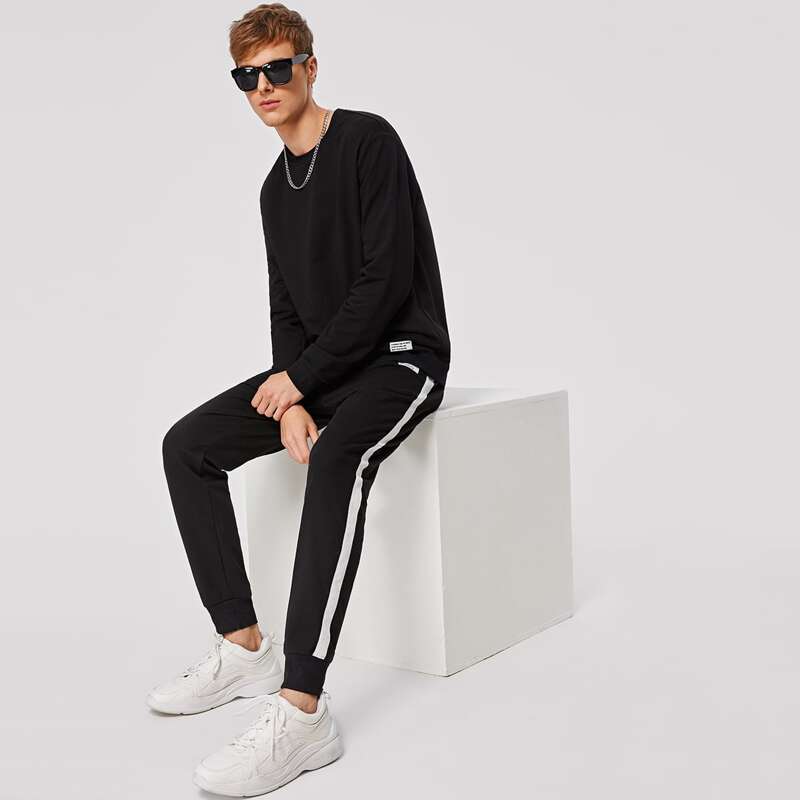 

Guys Patched Detail Pullover and Contrast Sideseam Sweatpants Set, Black