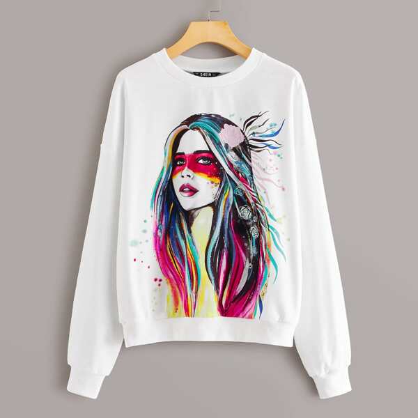 

Drop Shoulder Figure Graphic Pullover, White