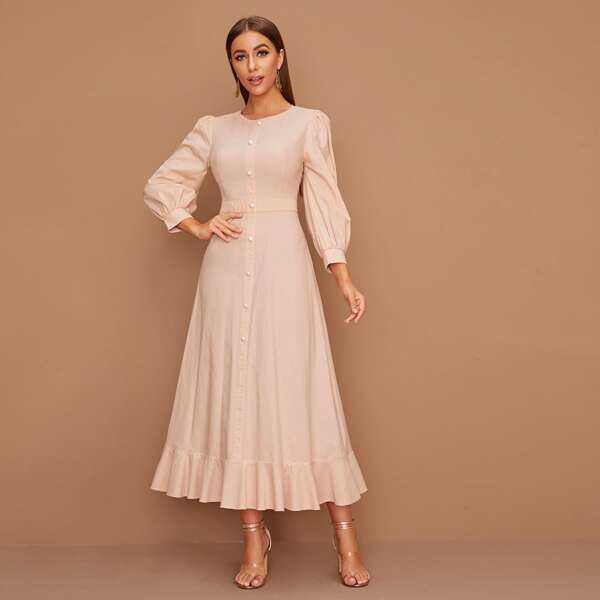 

Single Breasted Bishop Sleeve Ruffle Hem Dress, Pink pastel