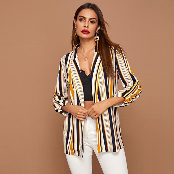 

Notched Collar Roll Tab Sleeve Striped Blazer, Multicolor