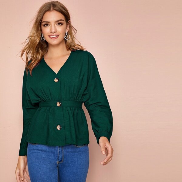 

V-neck Button Front Ruffle Hem Blouse, Green