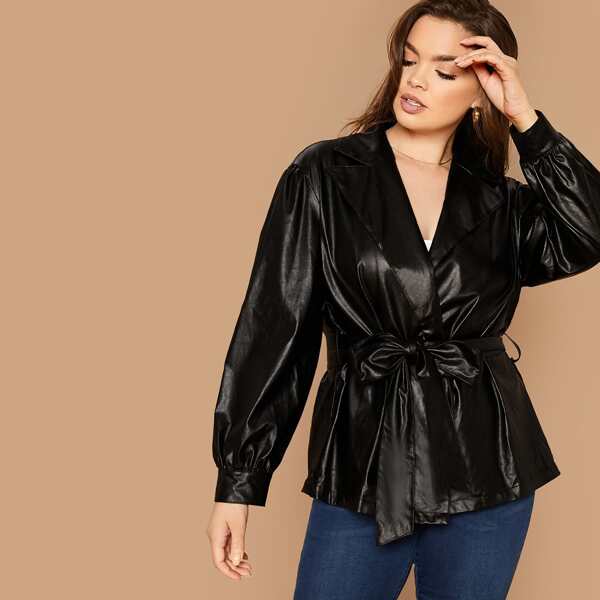

Plus Notch Collar Self Belted PU Jacket, Black