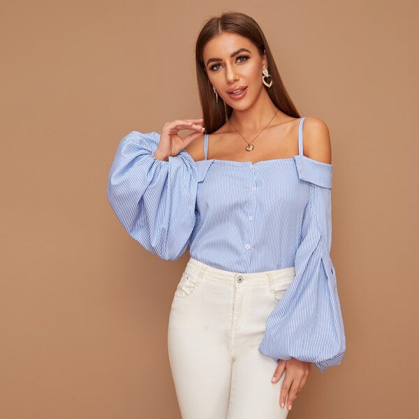 

Cold Shoulder Buttoned Front Lantern Sleeve Striped Blouse, Blue pastel