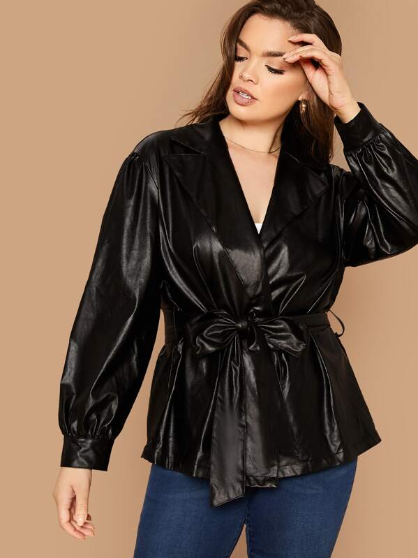 

Plus Notch Collar Self Belted PU Jacket, Black, Faith Bowman