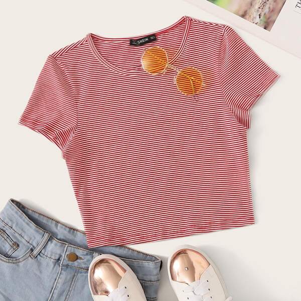

Pinstriped Short Sleeve Cropped Tee, Red