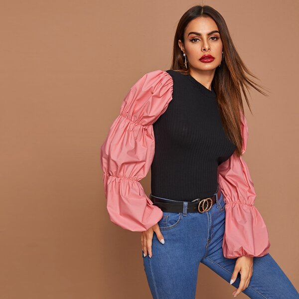 

Exaggerate Bishop Sleeve Colorblock Rib-knit Top, Black