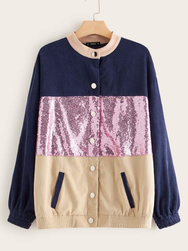 

Plus Buttoned Front Colorblock Sequin Panel Cord Jacket, Multicolor