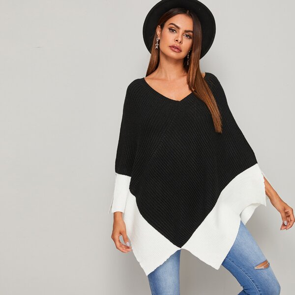 

Two Tone Split Poncho Sweater, Black