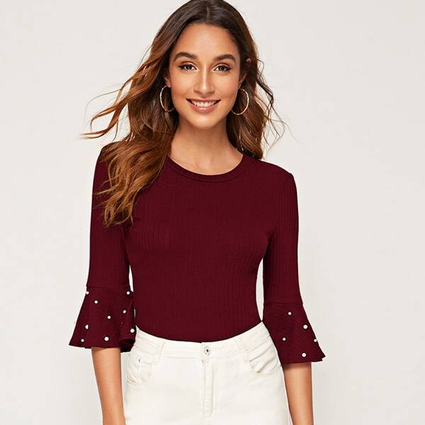 

Bell Sleeve Pearl Beaded Rib-knit Top, Burgundy