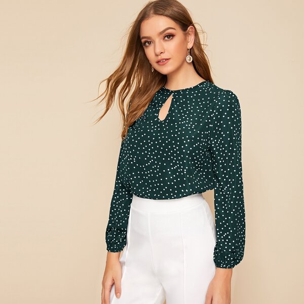 

Keyhole Neck Polka Dot Print Top, Dark green