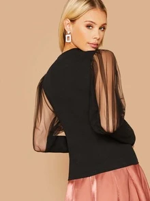 SHEIN Top de manga gigot con malla - Negro - Ver 2
