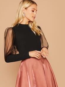 SHEIN Top de manga gigot con malla - Negro - Ver 3