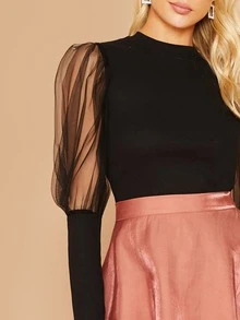 SHEIN Top de manga gigot con malla - Negro - Ver 4